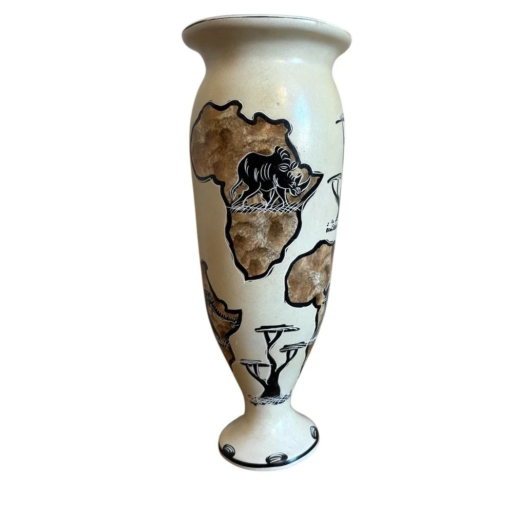 African Soapstone Vase HandCarved Safari Wildlife Lion Elephant Rhino Cream 9.5